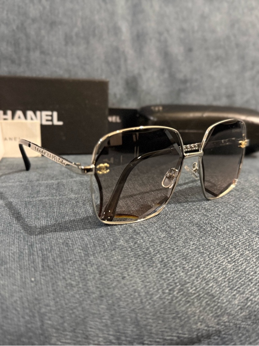 CHANEL Black Gradient Oversized Square Sunglasses with Silver Chain Temples